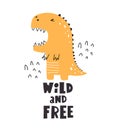 Cartoon dinosaur, hand drawing lettering, decorative elements. flat style, colorful vector for kids.